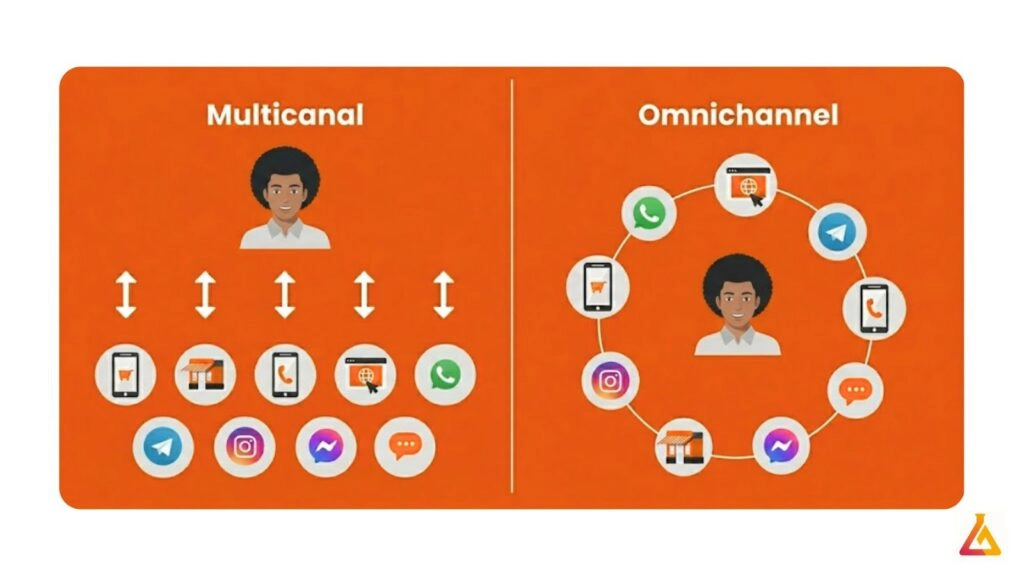 Sac pelo whatsapp 2 Infográfico: diferenças entre multicanal e omnichannel.