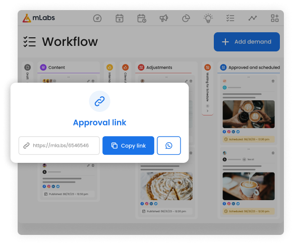 Image shows the mLabs workflow management screen, highlighting the creation of the post approval link.