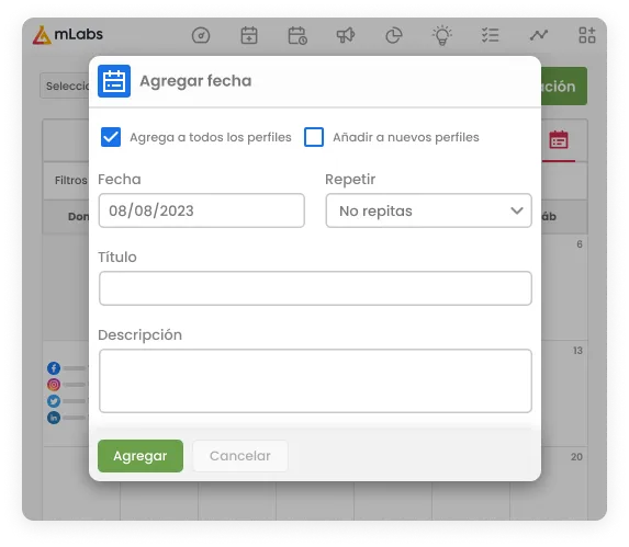 La imagen muestra la pantalla de Workflow de mLabs con una lista de publicaciones de Facebook y el estado de cada una, desde la creación de la demanda hasta la aprobación final del cliente.
