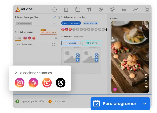 La imagen muestra la pantalla de programación de publicaciones de mLabs y destaca íconos para Feed, Reels, Stories y Threads