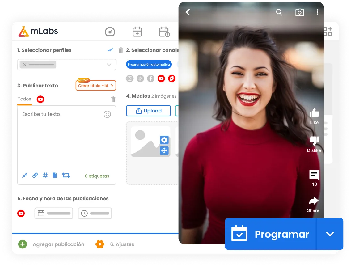 La imagen muestra un video en programación para YouTube Shorts en mLabs.