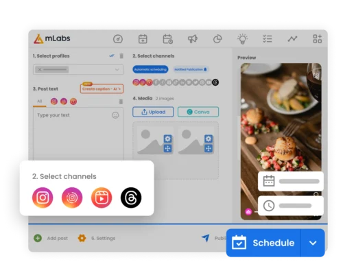 Image shows the post scheduling screen of mLabs and highlights icons for Instagram Feed, Reels, Stories, and Threads