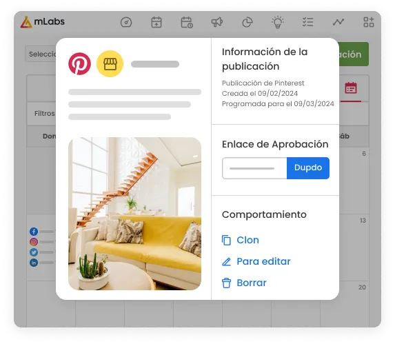 La imagen muestra el calendario de mLabs con publicaciones programadas para Pinterest. Sobre la imagen, una tarjeta con opciones clonar, editar y eliminar