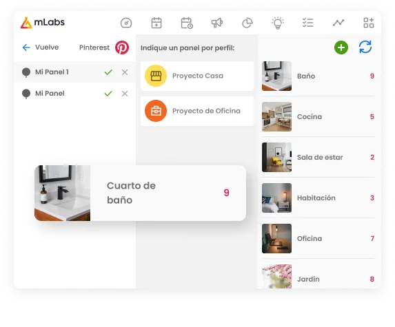 La imagen muestra la pantalla de programación de mLabs en la opción de configuración de un post para Pinterest, con énfasis en la selección del tablero.