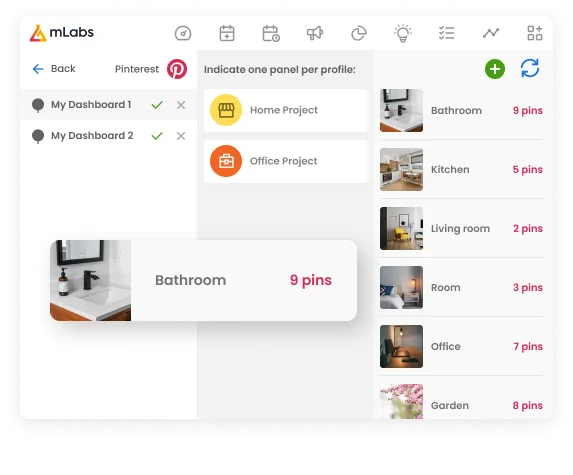 The image shows the post scheduling screen of mLabs in the settings option for a scheduled post for Pinterest. Emphasis on the option to choose a Pinterest board