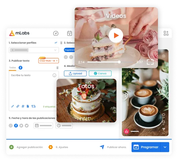 La imagen muestra la pantalla de programación de mLabs con tres formatos programados para Facebook.