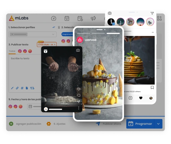 Instagram Manager mLabs: la imagen muestra la pantalla de programación de mLabs destacando un post en Reels, uno en Stories y uno en Feed.