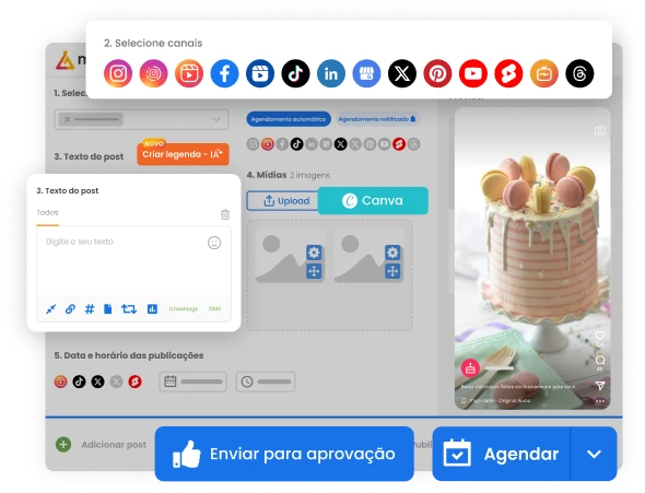 Imagem mostra a tela de agendamento de posts da mLabs, com destaque para os ícones das redes sociais integradas à plataforma.