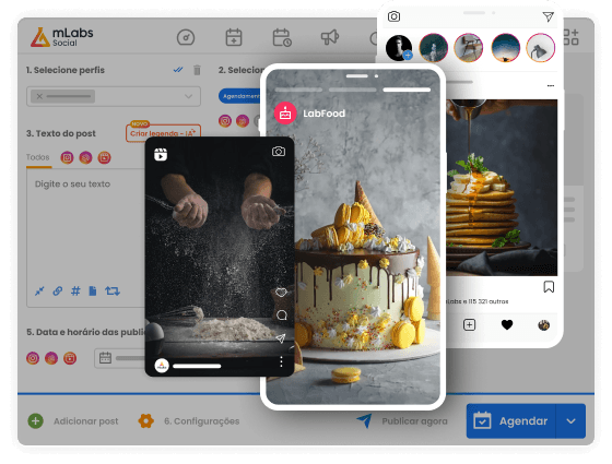 Gerenciador de Instagram mLabs: imagem mostra a tela de agendamento de posts da mLabs com destaque para um post no formato Reels, um post no formato Stories e um post no formato feed.