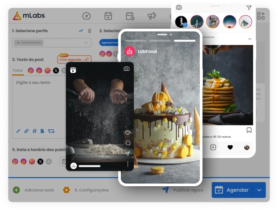Gerenciador de Instagram mLabs: imagem mostra a tela de agendamento de posts da mLabs com destaque para um post no formato Reels, um post no formato Stories e um post no formato feed.
