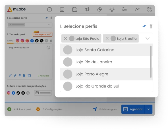 Imagem mostra a aba para seleção de múltiplos perfis para um mesmo agendamento na mLabs.