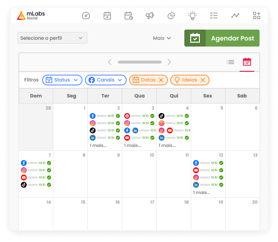Imagem mostra o calendário da mLabs com diversos posts agendados com destaque para os filtros: status, canais, datas, ideias.