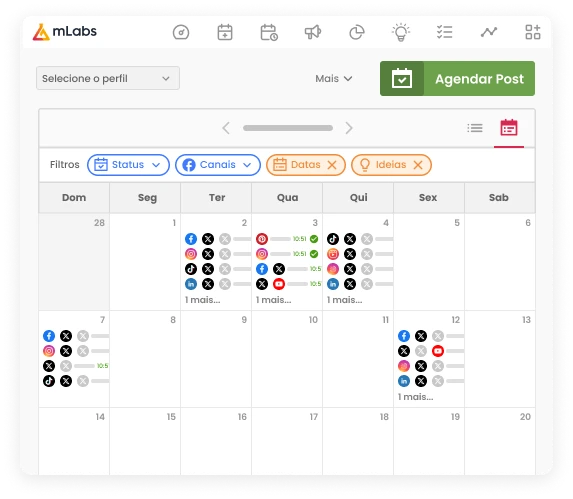 Imagem mostra o calendário da mLabs com diversos posts agendados com destaque para os filtros: status, canais, datas, ideias.
