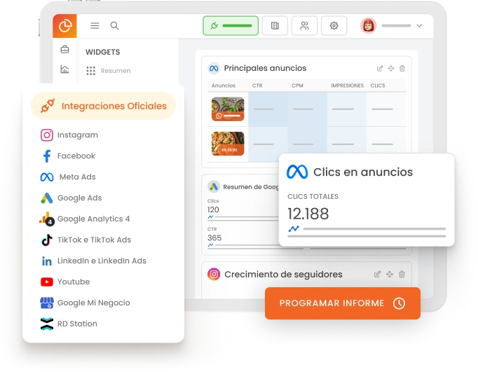 La imagen muestra la pantalla de mLabs Analytics con un informe multicanal siendo creado. Destacado el botón "Programar Informe"
