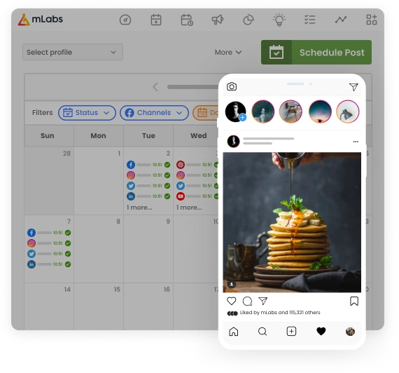 Image shows the mLabs calendar screen, highlighting the view of a scheduled Instagram post.