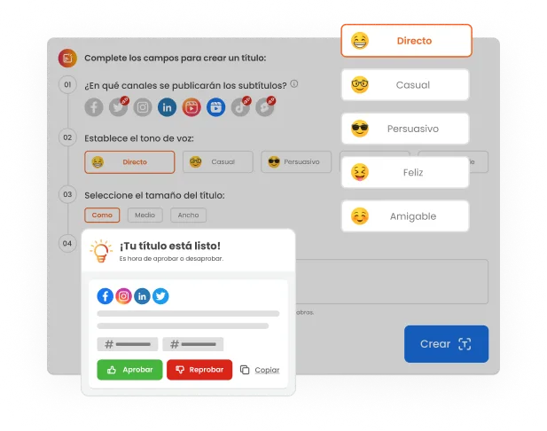 La imagen muestra la pantalla de IA de mLabs para crear captions, destacando los campos de tono de voz y botones de aprobación.