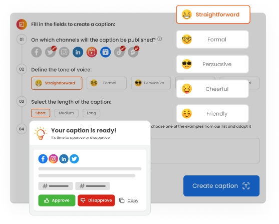 Image shows the mLabs AI screen for creating captions, highlighting the tone of voice fields and the approval buttons.