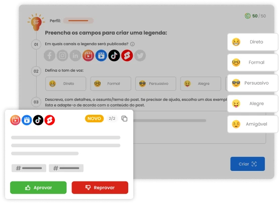 Imagem mostra tela da mlabs para criação de legendas com destaque para os campos de definição de tom de voz e dos botões de aprovação.