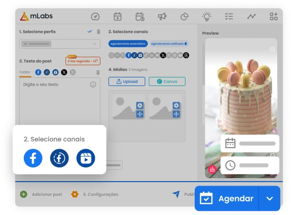 Imagem mostra tela de agendamento de posts da mLabs com a prévia ade um post sendo agendado para o Facebook.