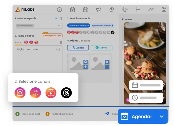 Imagem mostra tela de agendamento de posts da mLabs e destaca ícones de Instagram Feed, Reels, Stories e Threads.