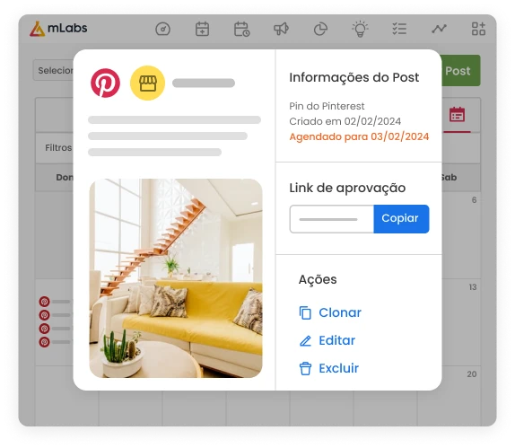 Imagem mostra a tela do calendário da mLabs, com uma lista de post para o Pinterest programados. Sobre a imagem, o card de informações do Post com as opções de clonar, editar e excluir.