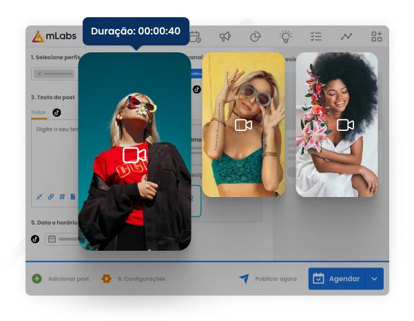 Imagem mostra tela do agendamento de posts da mLabs com três vídeos sendo agendados para o TikTok.