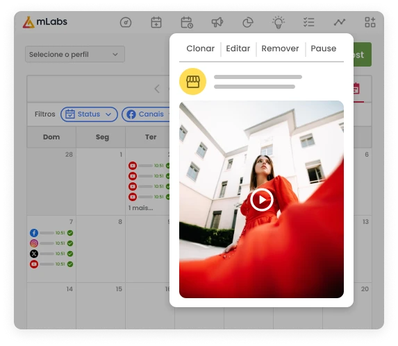 Imagem traz o calendário da mLabs com listas de posts agendados para o YouTube e outras redes sociais. Sobre a imagem, prévia de um vídeo agendado para YouTube.