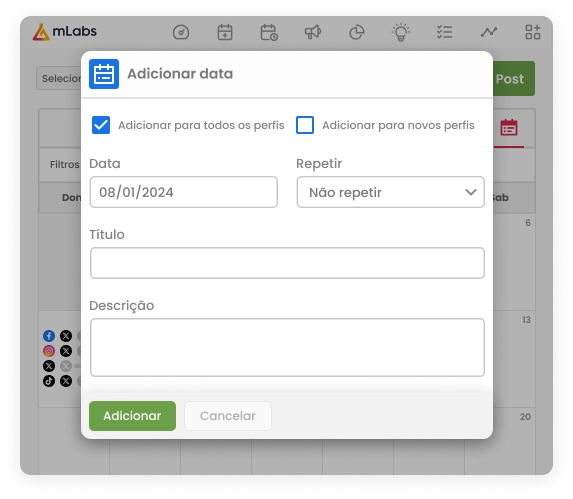 Imagem mostra modal do calendário da mLabs para inserção de datas comemorativas ou importantes.