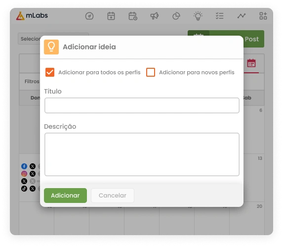 Imagem mostra o calendário da mLabs repleto de posts agendados e publicados para diversas redes sociais, com destaque para a opção de salvar ideias de posts.