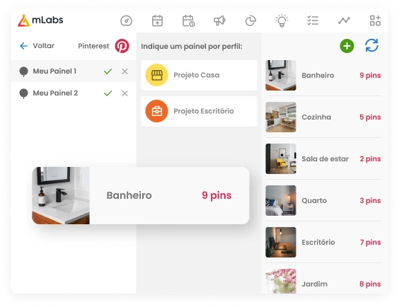 Imagem mostra a tela de agendamento de posts da mLabs na opção de Configurações de um post agendado para Pinterest. Destaque para a opção de escolher um painel do Pinterest.