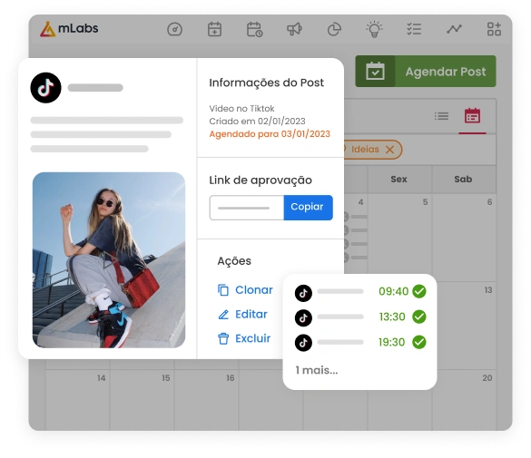 Imagem mostra tela do Calendário da mLabs com preview de um vídeo agendado para o TikTok e histórico de ações do post aberto.