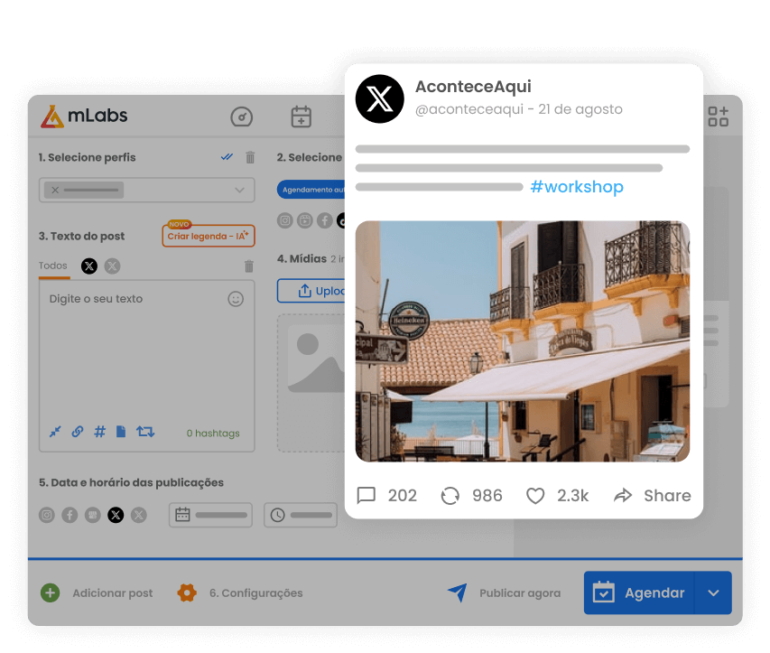 Imagem mostra dois posts publicados no X através da mLabs.