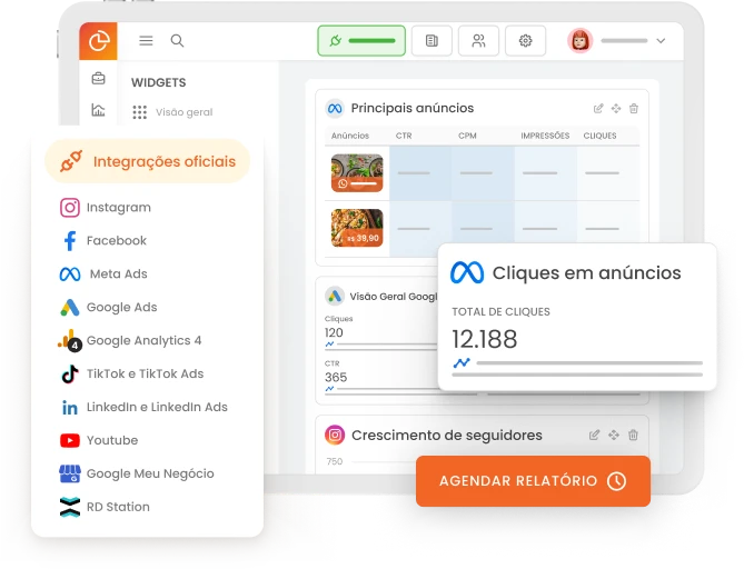 Imagem mostra tela da mLabs Analytics com um relatório de múltiplos canais sendo criado. Destaque para o botão Agendar Relatório.