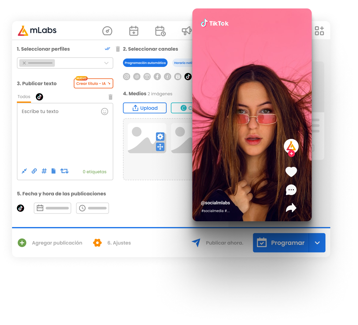 La imagen muestra la pantalla de programación en mLabs con énfasis en el ícono de TikTok.