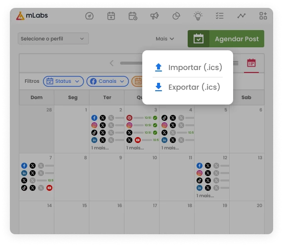Imagem mostra o calendário da mlabs com destaque para os botões de importar e exportar.