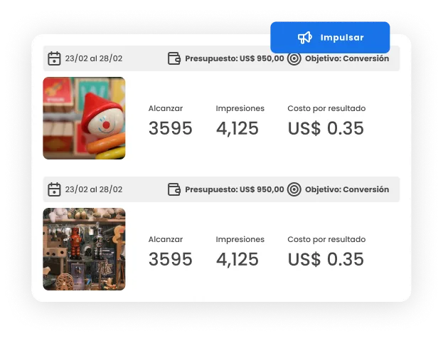 La imagen muestra la función de Anuncios de mLabs con dos posts promocionados y sus datos de rendimiento.