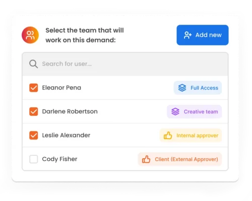 Image shows the team selection screen involved in a project managed by the mLabs Workflow.