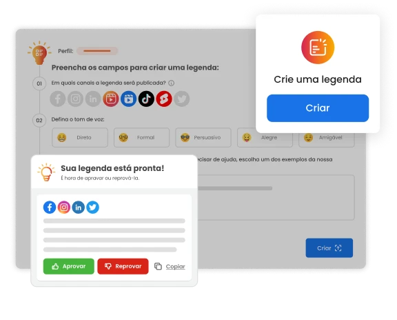 Imagem mostra tela da mLabs com destaque para uma legenda de post pronta, criada para múltiplas redes sociais.
