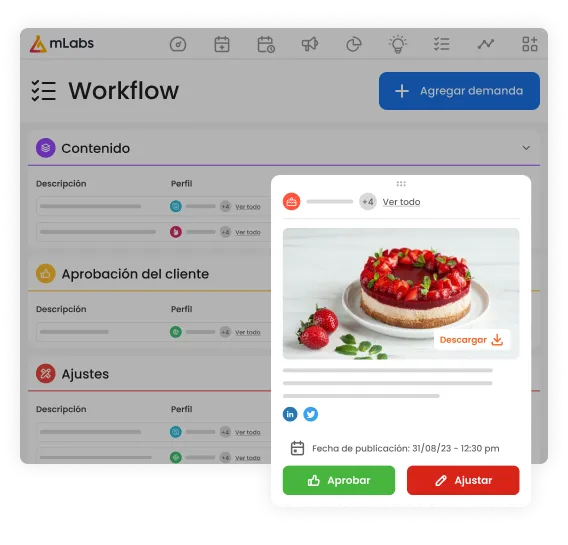 La imagen muestra el Workflow de mLabs abierto en la vista de lista.