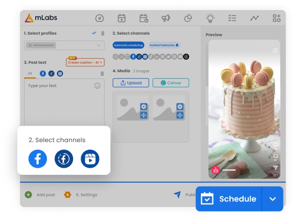 Image shows the mLabs post scheduling screen with a preview of a post being scheduled for Facebook.