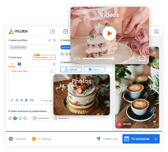 Image shows the mLabs scheduling screen, with three formats being scheduled for Facebook.