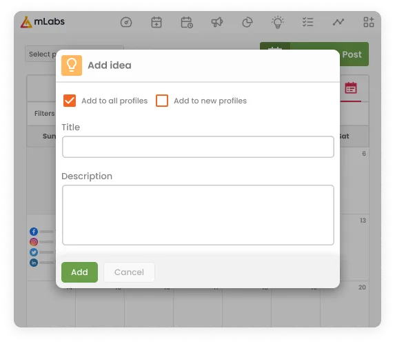 Image shows the mLabs calendar screen with the modal to add idea open.