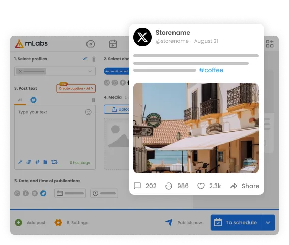 Image shows the mLabs post scheduling screen highlighting a scheduled post, with text and image.