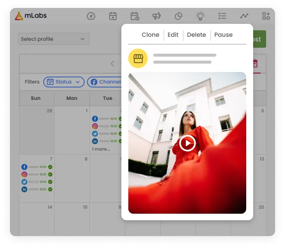Image brings mLabs calendar with lists of posts scheduled for YouTube and other social networks. About the image, preview of a video scheduled for YouTube.