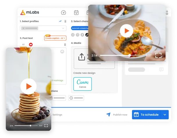 Picture shows mLabs post scheduling screen with a preview of a video being scheduled for YouTube.