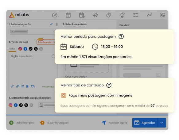 Imagem mostra os cards de Melhor Dia e Hora para postar e Melhor formato de Conteúdo no Instagram.