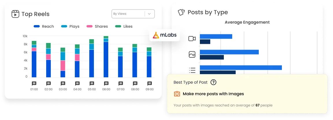 Image shows examples of Instagram reports from mlabs, highlighting graphs of top Reels and top posts