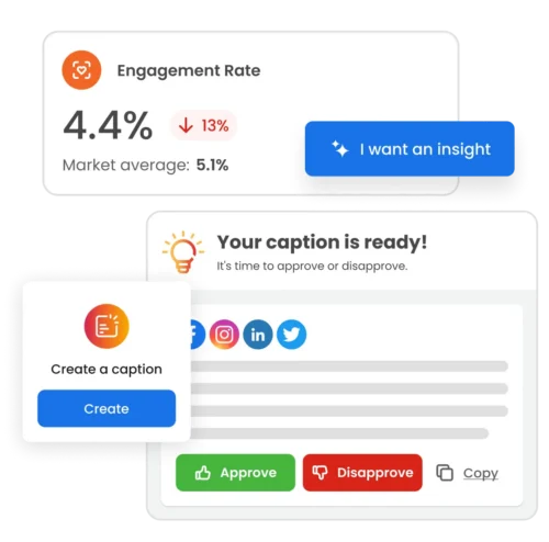 Image shows buttons on the mLabs AI screen for creating captions and generating insights
