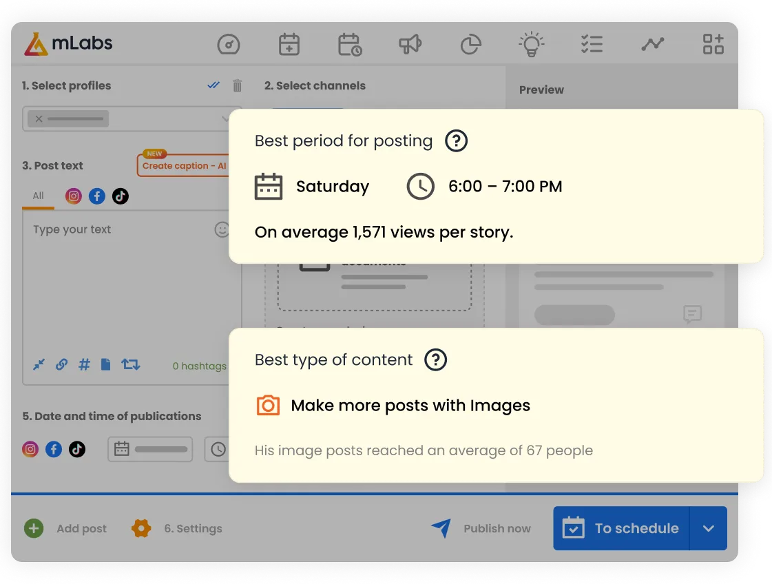 Image shows the cards for Best Day and Time to Post and Best Content Format on Instagram.