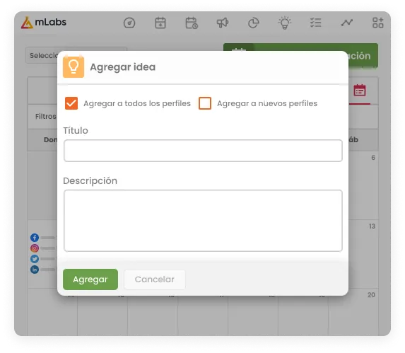 La imagen muestra el calendario de mLabs con diversas publicaciones programadas para LinkedIn y un modal superpuesto para añadir ideas de post.